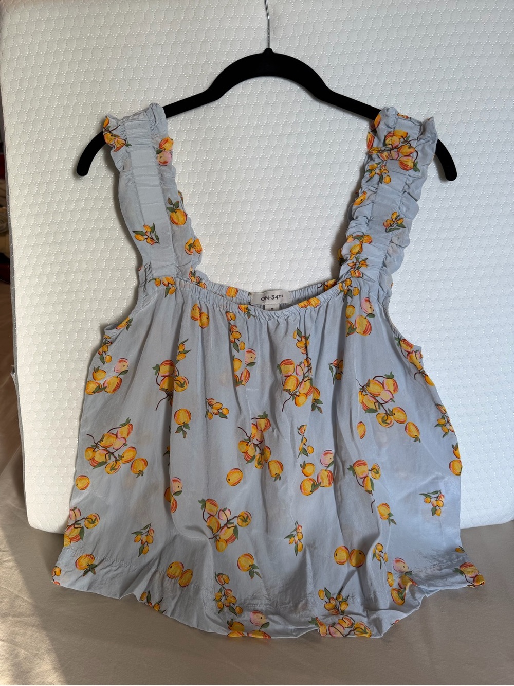 “On 34th” Light Blue Ruffle Strap Peach-Print Women's Tank Top